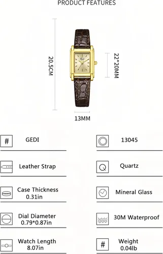 Vista 6 de Reloj de pulsera vintage rectangular de cuero para mujer, elegante reloj de pulsera de cuarzo clásico impermeable para mujer, reloj de regalo