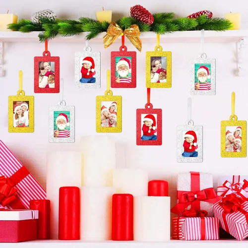 Vista 5 de Jetec 36 marcos de fotos con brillantina para decoración de árbol de Navidad, mini marco de fotos de fieltro, marco pequeño para colgar, regalos
