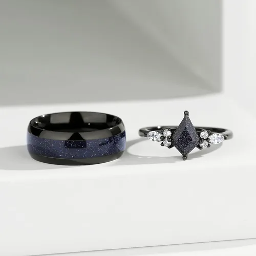 Vista 4 de Anillos de promesa personalizados para parejas, anillos negros a juego para parejas, anillo grabado de piedra arenisca azul en forma de cometa