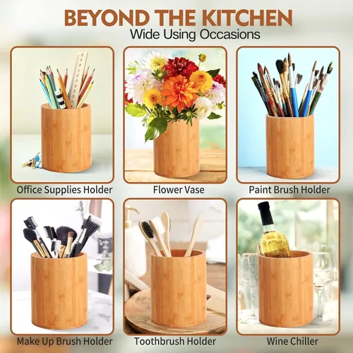 Vista 13 de Soporte de bambú para utensilios de cocina, soporte grande para encimera de cocina, cuchara de bambú y soporte para palillos para decoración