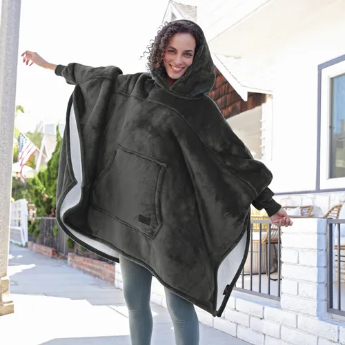Vista 3 de Sudadera tipo poncho de gran tamaño, capa informal con capucha, abrigo con mangas murciélago, manta velluda, cómoda y espaciosa para adultos, unisex.