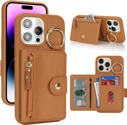 Vista 55 de Funda para iPhone 14 Plus con tarjetero, color negro Funda con cremallera y ranura para mujer y hombre