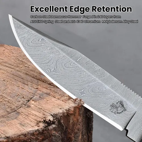 Vista 3 de Knives Ranch Cuchillo de Caza Artesanal de 9-1/2"- Cuchillo de Bushcraft y Campamento de Acero Damasco con Espiga Completa- Mango de Palisandro