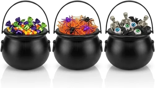 Vista 28 de PMU Caldero de Halloween 6 piezas de 3 pulgadas pequeño de bruja de plástico para caldero negro, para decoración de Halloween