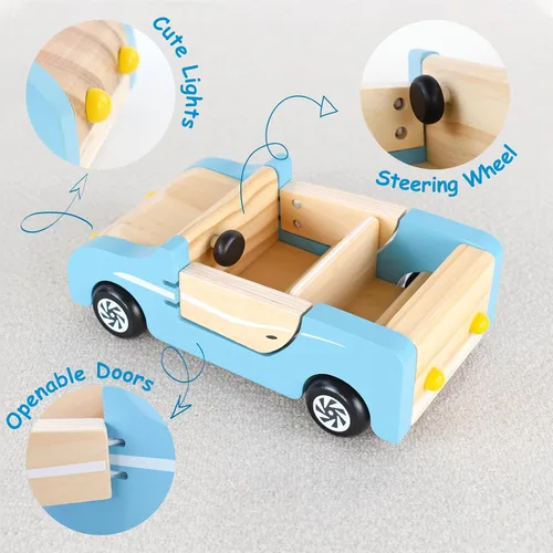 Vista 2 de PairPear Coche Familiar de Madera para Muñecas, Juguetes de Madera para Muebles de Casa de Muñecas, Juego de Accesorios, Vehículo de Juego