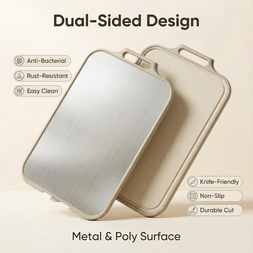 Vista 2 de Tabla de cortar de acero inoxidable para cocina, tablas de cortar grandes 2 en 1 de doble cara, tabla de cortar de acero inoxidable de grado