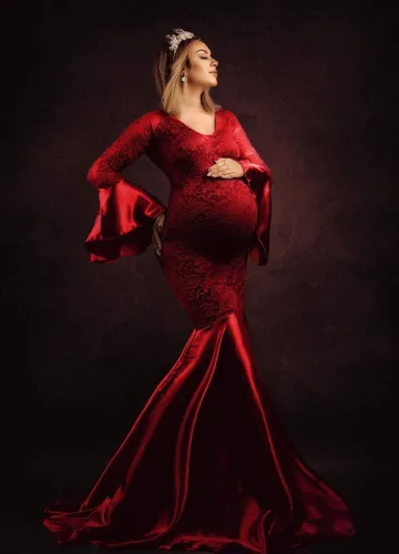 Vista 6 de ZIUMUDY Vestido ajustado de encaje de maternidad de manga larga maxi sirena fotografía vestido baby shower sesión de fotos