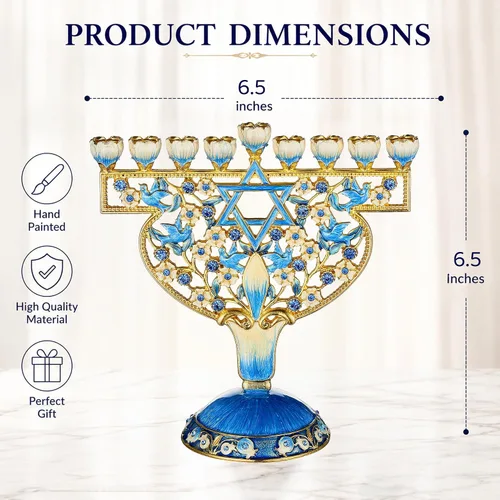 Vista 2 de Candelabro Menorá de Esmalte Pintado a Mano con Diseño de Palomas y Flores