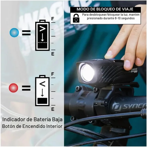 Vista 6 de NiteRider Lumina Micro - Luz delantera recargable USB-C de 950 lúmenes – 5 modos de luz LED compacta, IP64 impermeable para ciclismo de carretera