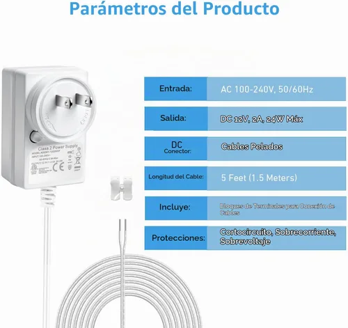 Vista 2 de Adaptador de fuente de alimentación de 12 V, 2 A, convertidor de 24 W CA/CC de 100 V-240 V a 12 voltios y extremos de cable desnudo + terminales