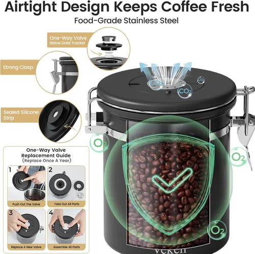 Vista 4 de Veken Recipiente de café con ventana, recipiente hermético de almacenamiento de alimentos de cocina de acero inoxidable con tapas, rastreador