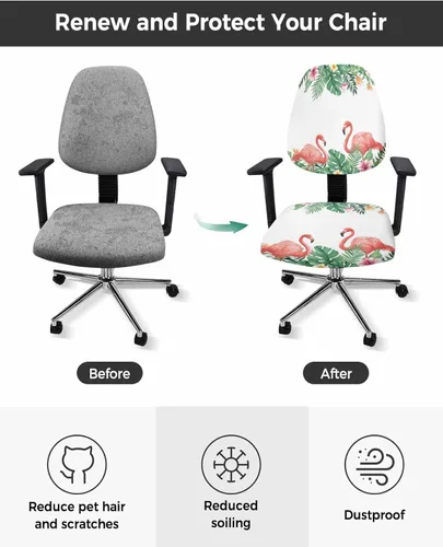 Vista 2 de Funda elástica para silla de oficina con diseño de flamenco de verano, funda de asiento para silla de computadora, fundas para respaldo, plantas