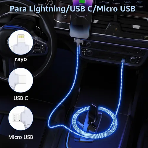 Vista 7 de Cable de carga para iPhone 3 en 1 con luz LED, relámpago/tipo C/micro USB para automóvil RGB brillante para Apple iPhone 15/14/13/12/11 Pro