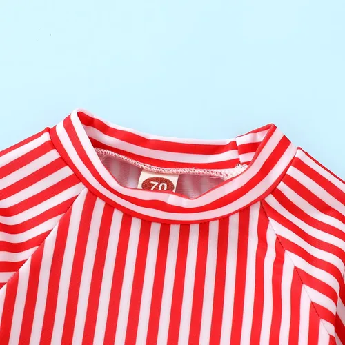 Vista 3 de SEVEN YOUNG Traje de baño de manga larga para bebé, bikini de playa, con volantes, rayas, traje de baño de dos piezas, 3M-3T