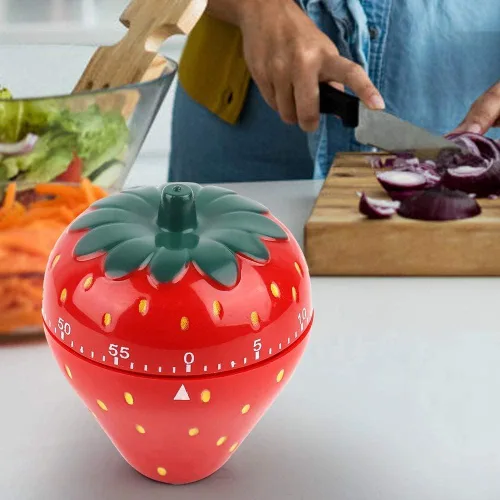 Vista 6 de Lindo temporizador de cocina de frutas, temporizador en forma de fresa, tiempo mecánico de dibujos animados, cuerda mecánica de fresa