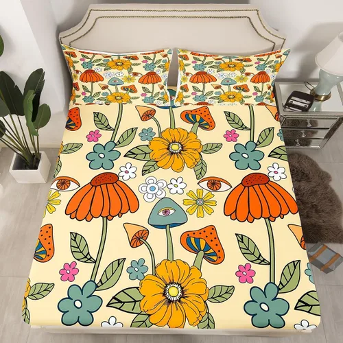 Vista 20 de Juego de sábanas ajustadas estilo 70s hippie retro para cama individual, juego vintage de otoño con hojas florales para niños y niños, juego de ropa
