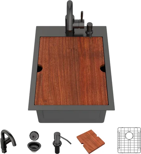 Vista 32 de Lordear - Fregadero de barra – Fregadero de barra dorado de 13 x 15 pulgadas con grifo dispensador de jabón, estación de trabajo, calibre 16 T304