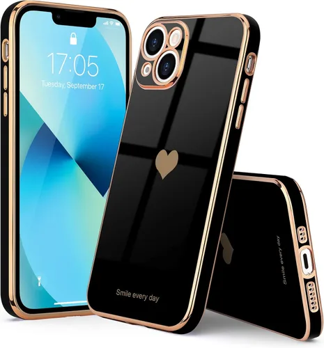 Vista 7 de Teageo Funda de iPhone 13 Pro, mujer y niña, corazón bonito, chapado brillante, cubierta trasera suave negra, protección completa de cámara Negro