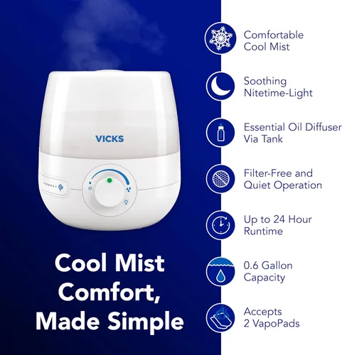 Vista 2 de Vicks NaturalCare Humidificador ultrasónico de niebla fría (VUL530), blanco, habitación pequeña, humidificador y difusor con luz nocturna, funciona