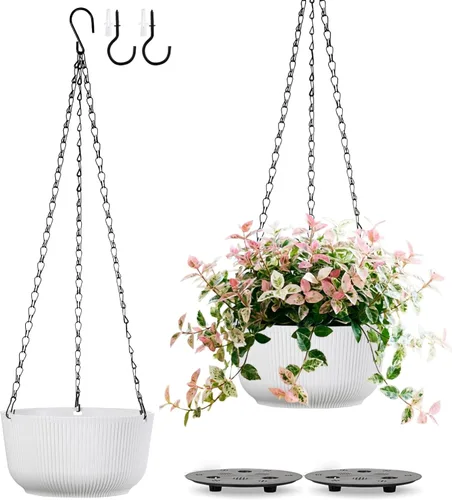 Vista 7 de Juego de 2 macetas colgantes para plantas de interior y exterior, macetas colgantes de riego automático de 8 pulgadas con platillo interno, orificio
