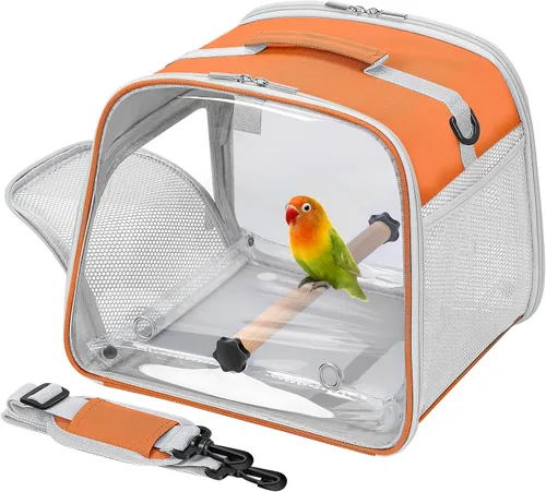 Vista 7 de Portador de pájaros pequeño, jaula de viaje con ventana grande con soporte y bandeja fácil de limpiar para cacatúas loro, periquito, ligero y Negro