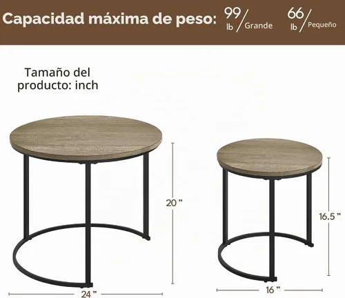 Vista 3 de Yaheetech Juego de 2 mesas auxiliares anidables, mesas auxiliares apilables rústicas, juego de mesa auxiliar anidable con mesa redonda de madera