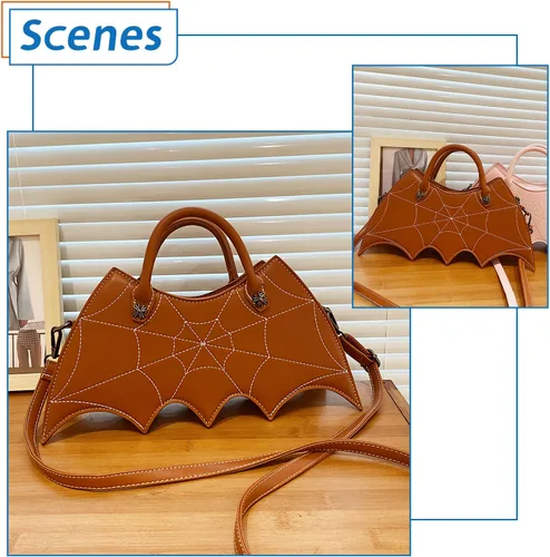 Vista 7 de Ovida Bolso de hombro con ala de murciélago, bolso de Halloween de piel sintética, bolso cruzado de tela de araña, bolso gótico de murciélago