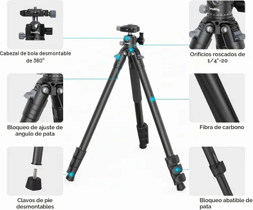 Vista 6 de SmallRig AP-10 Trípode de cámara de fibra de carbono de 52.4 pulgadas máx. Carga útil 11lb Cabezal de bola de 360°, monopie desmontable, ligero