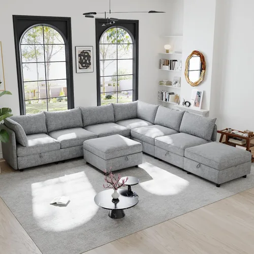 Vista 10 de ERYE - Sofá modular modular de gran tamaño para 8 asientos, con asiento de almacenamiento y otomana, sofá tapizado de felpilla en forma de U, sofá