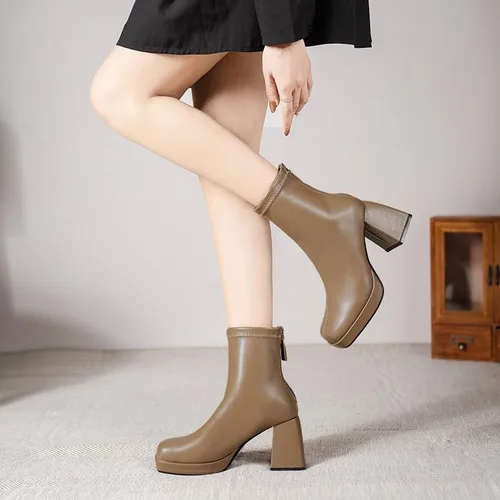 Vista 5 de RiceelSor Botines de tacón alto grueso para mujer, con cremallera lateral, punta cuadrada, impermeables, cómodas, con soporte de arco para oficina