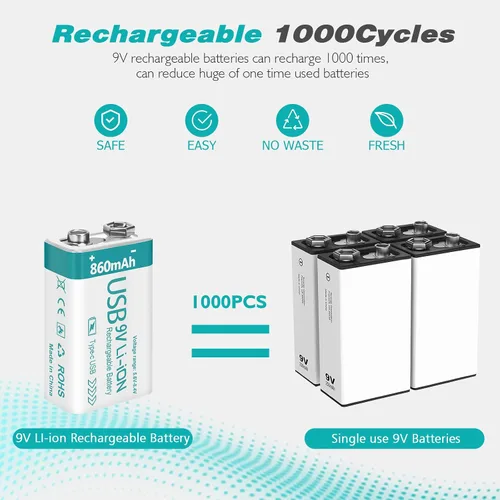 Vista 3 de Batería recargable de litio USB de 9 V de 860 mAh con cable de carga 4 en 1, baterías de 9 voltios 6f22 para detectores de humo (paquete de 8)