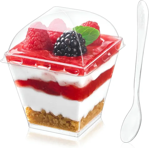 Vista 8 de Paquete de 50 Tazas Cuadradas de Postre de 4 oz con Tapas de Cúpula y Cucharas, Tazas de Pudín de Plástico con Tapas Mini Tazas de Parfait Shooter