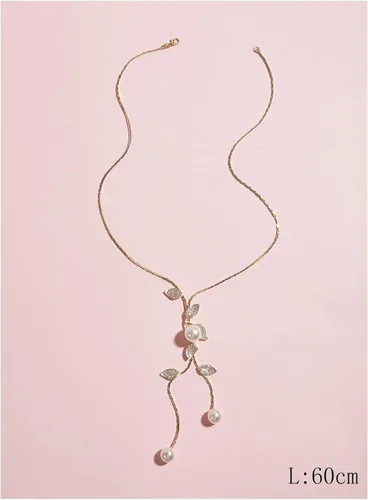 Vista 3 de Collar de cadena de suéter con diseño de hojas de diamantes de imitación y perlas de imitación, Ágata