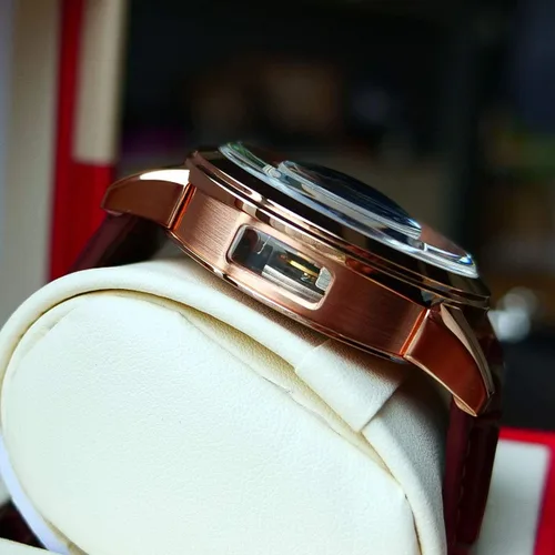 Vista 6 de OBLVLO Relojes de oro rosa de lujo para hombre, esfera esquelética, relojes automáticos, correa de cuero VM-1