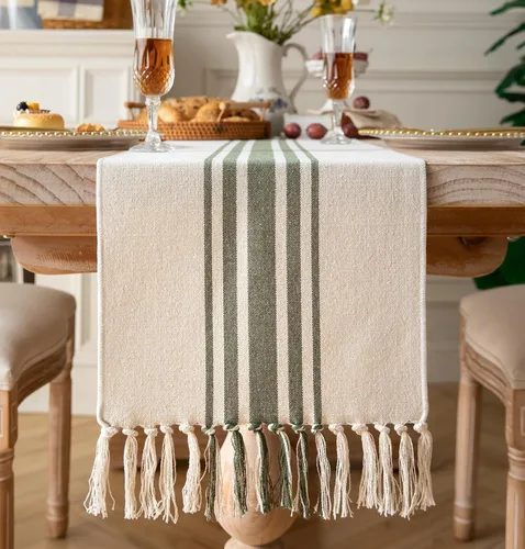 Vista 9 de Camino de mesa bohemio para decoración moderna de granja, decoración de mesa de comedor de 13 x 72 pulgadas de largo con borlas hechas a mano