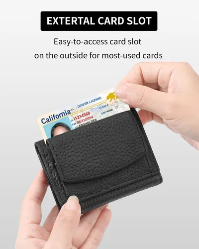 Vista 4 de Karmiir RFID - Cartera pequeña de cuero para hombres y mujeres con bolsa para monedas, billetera compacta de triple bolsillo con ranura