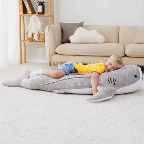 Vista 5 de Animal de Peluche Gigante de Tiburón Ballena Gris de 48 Pulgadas Tiburón Ballena Abrazable Peluche Almohada de Tiburón para Niños y Adultos, Regalo
