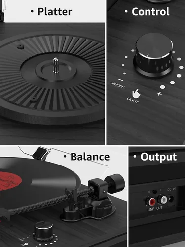 Vista 3 de Tocadiscos con altavoces integrados Bluetooth 5.3, tocadiscos de 2 velocidades para discos de vinilo, tocadiscos de alta fidelidad con cartucho