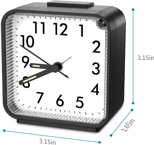 Vista 5 de Reloj pequeño silencioso sin tictac, despertador ruidoso para personas que duermen pesadamente, viajes con luz nocturna, funciona con pilas, diseño