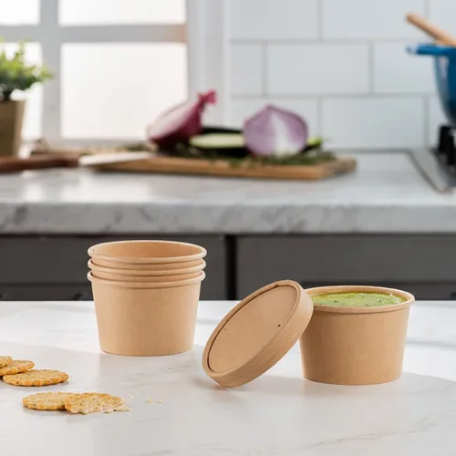 Vista 3 de GUSTO Recipientes de papel kraft de 8 onzas con tapas ventiladas. Tazones de sopa To Go Hot para llevar, tazas de helado desechables, ideales
