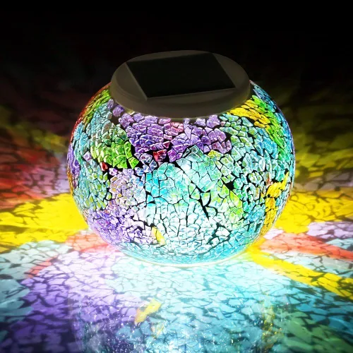 Vista 8 de WSgift - Bola de luz de colores a energía solar con mosaico de vidrio LED para jardín, lámparas de mesa recargables impermeables para exterior