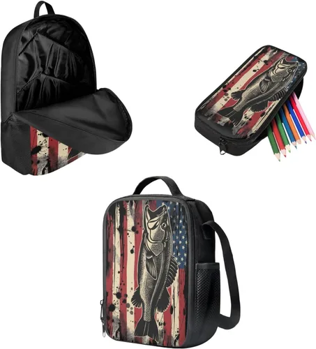 Vista 2 de Paquete de 3 bolsas escolares con estampado de bandera estadounidense para niños, mochila de gran capacidad para laptop, con cremallera, estuche