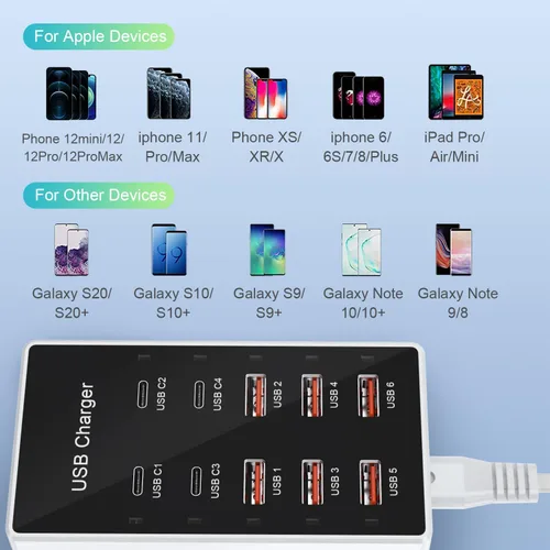 Vista 5 de Estación de carga USB C, cargador de pared para teléfono celular, 10 puertos USBC de carga rápida, cubo de alimentación 4 USB C 6 USB A, bloque