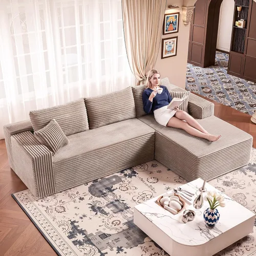 Vista 14 de Sofá seccional negro de 96.9 pulgadas, sofá modular de pana sin hueso con resortes y espuma de alta resistencia, asiento profundo compacto de gran