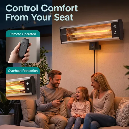 Vista 5 de SereneLife - Calentador de patio con infrarrojos, calentador eléctrico de pared con control remoto, 1500W, aprobado IP65, sin olor, para interiores