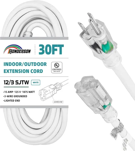 Vista 25 de Cable de extensión resistente a la intemperie con extremo iluminado, certificado UL, calibre 10, 3 pies, color blanco, 3 clavijas, resistente, cable