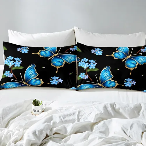 Vista 6 de Erosebridal Juego de edredón de mariposa tamaño individual, diseño de flores azules, acuarela, mariposa, floral, para niños, niñas, jóvenes