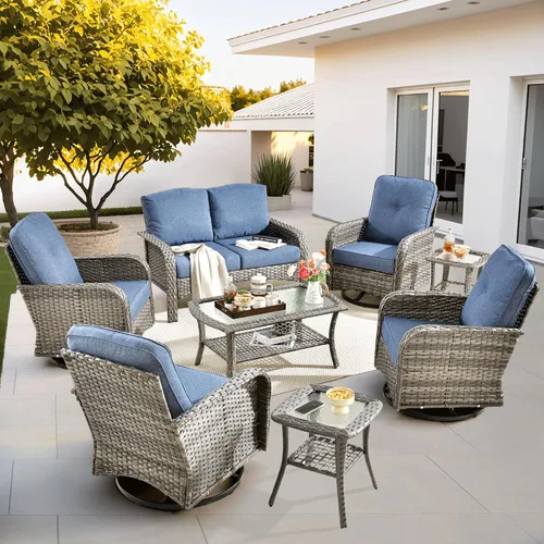 Vista 26 de ovios - Juego de muebles de patio de 2 piezas, sofá de mimbre para exteriores con sillas, silla de ratán con respaldo alto con cómodos cojines