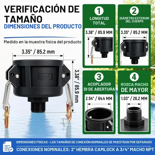 Vista 4 de IBC - Adaptador de mano, Camlock hembra de 2 pulgadas a NPT macho de 3/4