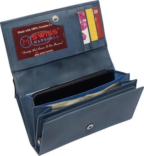Vista 2 de Swiss Marshall Carteras de cuero para mujer bloqueo RFID gran capacidad tarjetero para teléfono Azul Cartera de mano